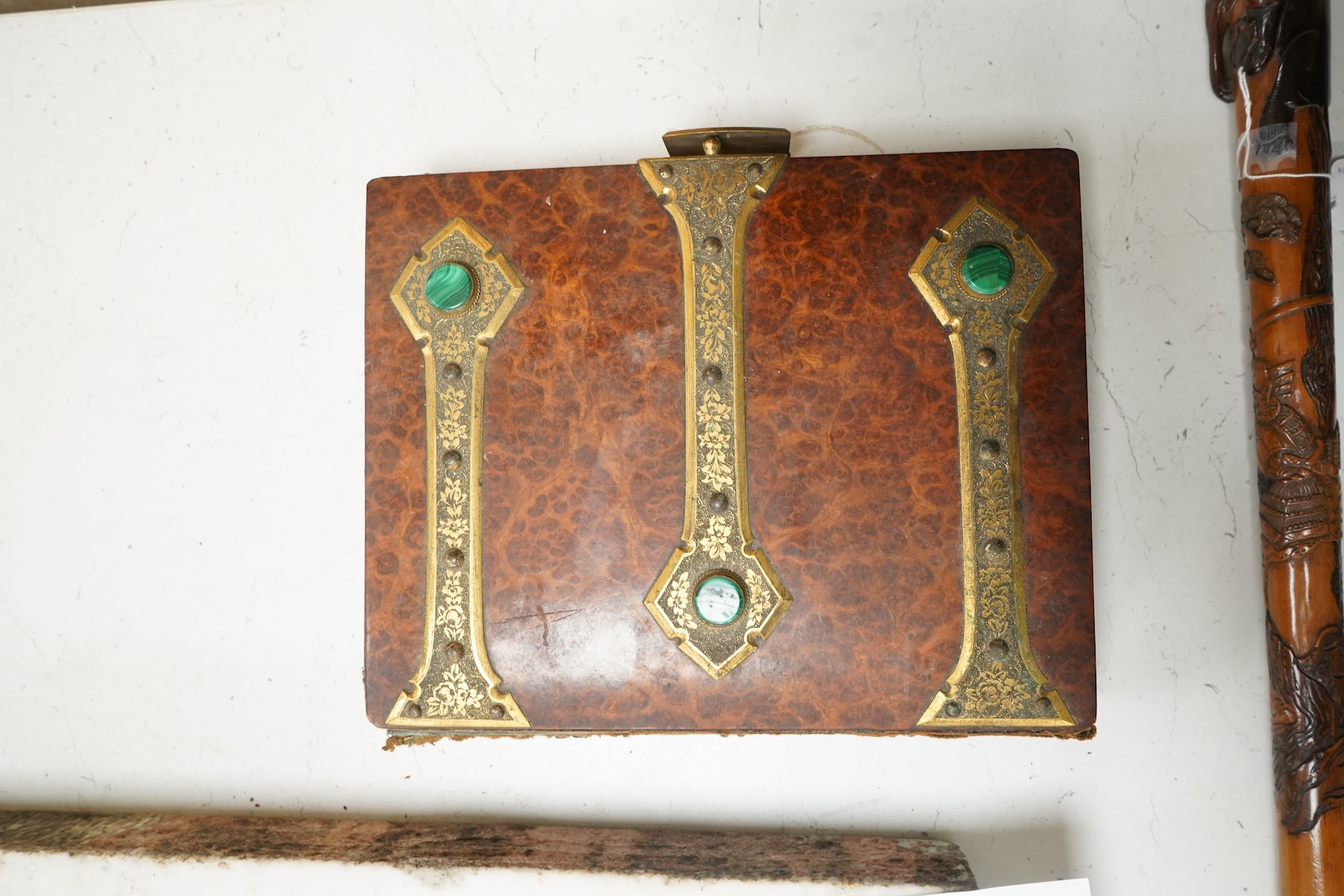 A Victorian malachite mounted amboyna family photograph album, 23cm x 30cm